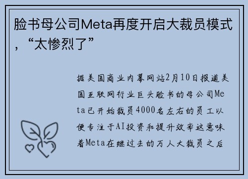 脸书母公司Meta再度开启大裁员模式，“太惨烈了”