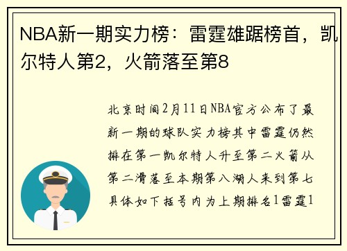 NBA新一期实力榜：雷霆雄踞榜首，凯尔特人第2，火箭落至第8