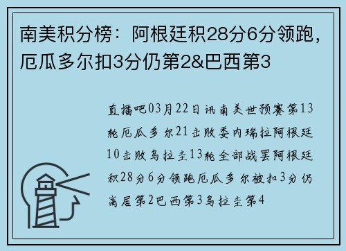 南美积分榜：阿根廷积28分6分领跑，厄瓜多尔扣3分仍第2&巴西第3