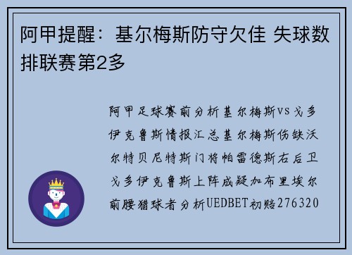 阿甲提醒：基尔梅斯防守欠佳 失球数排联赛第2多